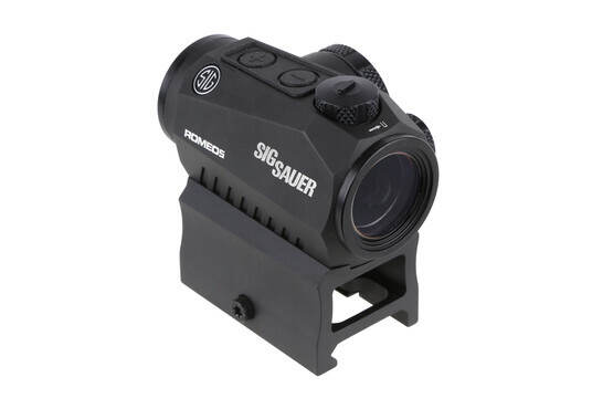 The Sig Romeo 5 red dot optic features adjustable brightness with top mounted buttons